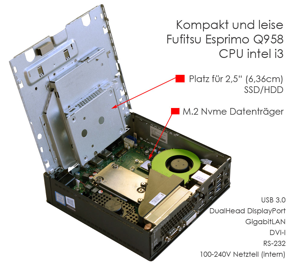 Compact Computer Q958 I3-8G 128GB M.2 SSD 8GB Dual Head RS-232