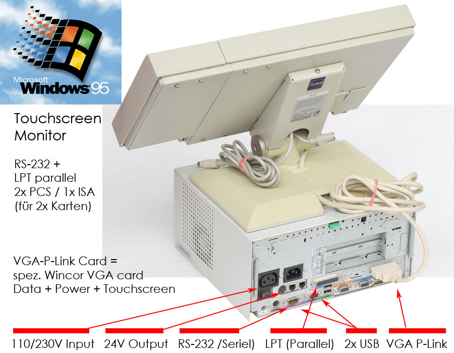 Vintage Computer RS-232 LPT Windows 95 with Monitor 3M Touchscreen