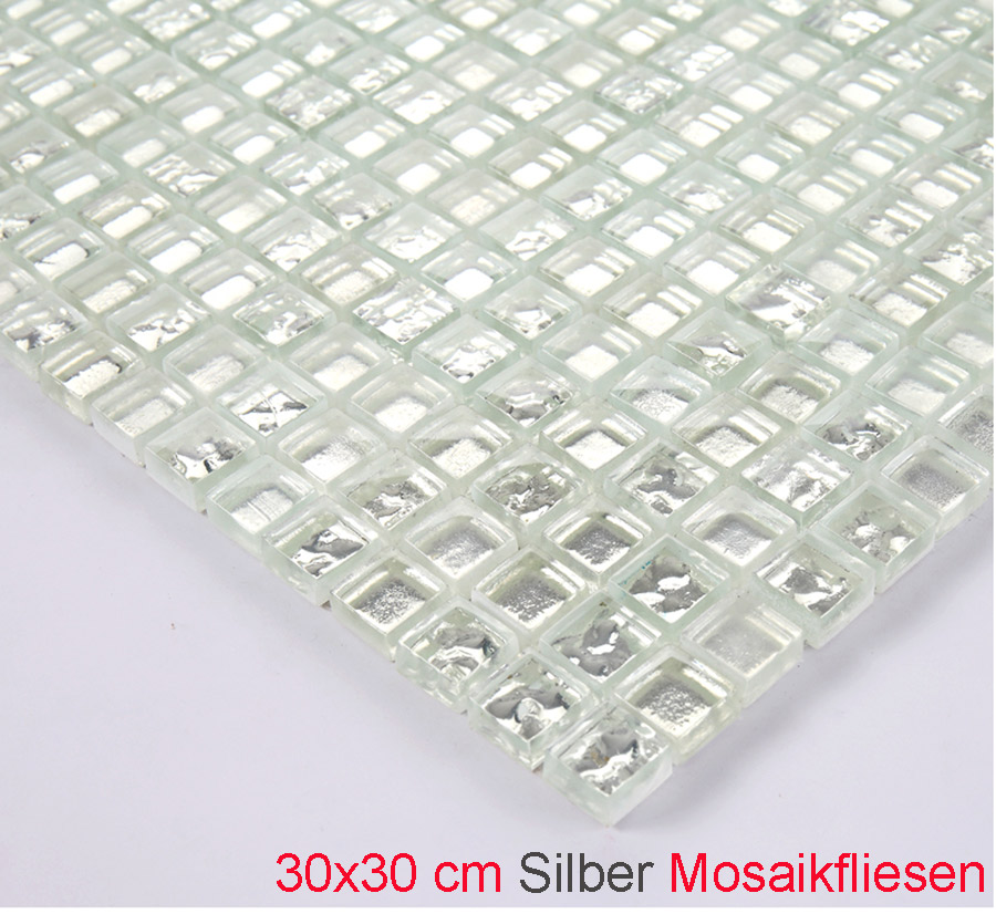 GLASMOSAIK MOSAIK 15x15mm 8mm STEINCHEN FLIESEN 30x30cm SILBER METAL